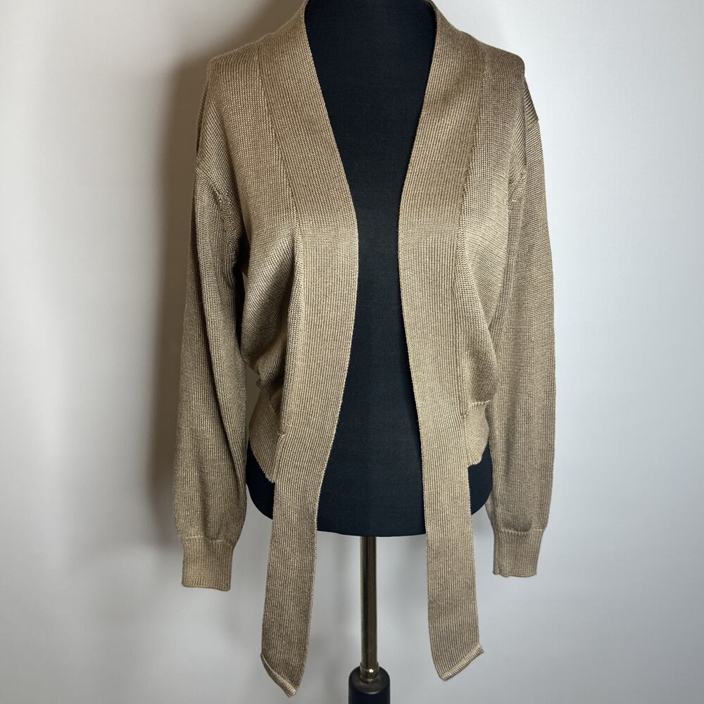 Vintage Fia Italia Gold Womens Small Hand Loomed Open Hem Tie Jumper Cardigan